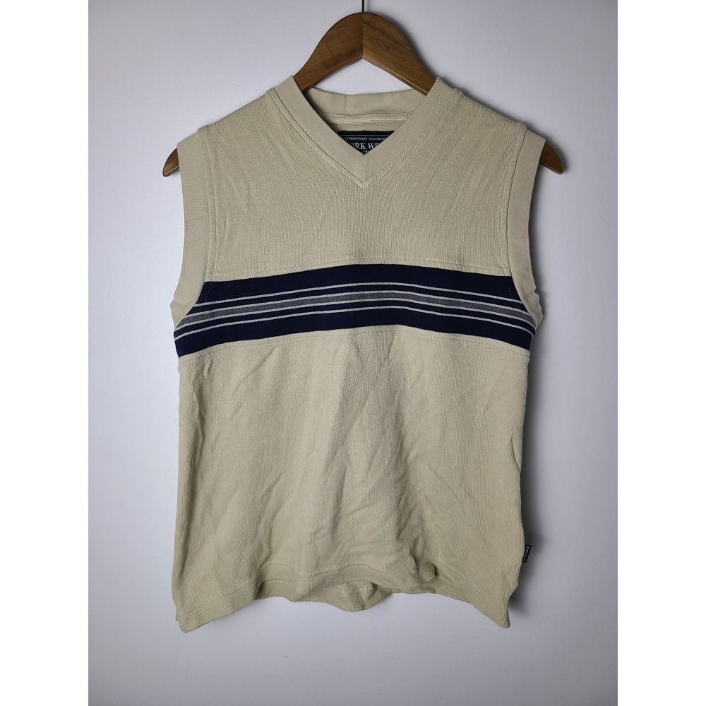 Vtg Work Wear WM 16/18 Tan Cotton Knit Striped V-Neck Sweater Vest 90s Y2K Retro